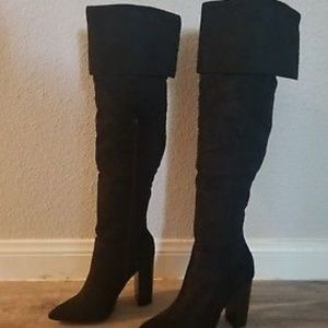 Women's Over Knee Black Thigh High Chunky Heel Str